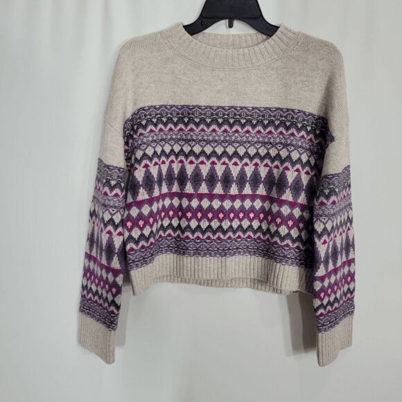 Harper Lane Wilma Taupe Fair Isle Merino Wool Cashmere Crop Pullover Sweater XS - Picture 1 of 6